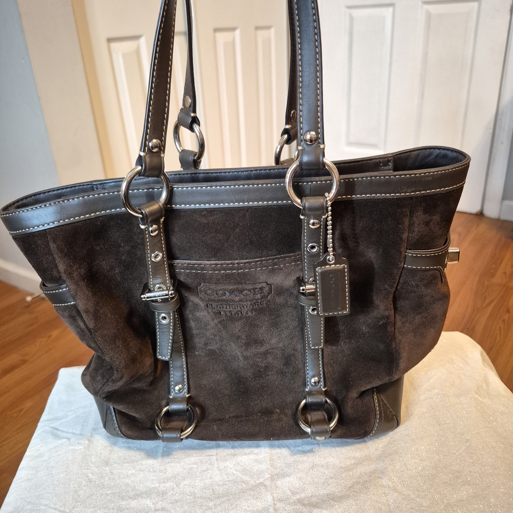 Authentic Coach Dark Brown Suede & Leather Shoulder Tote Bag